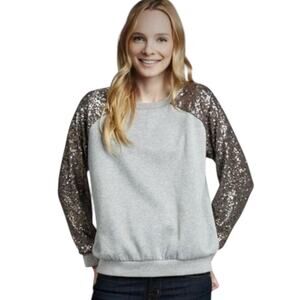 Lovers + Friends Women's Long Sleeve Sequin Light Gray Sweatshirt Top Small